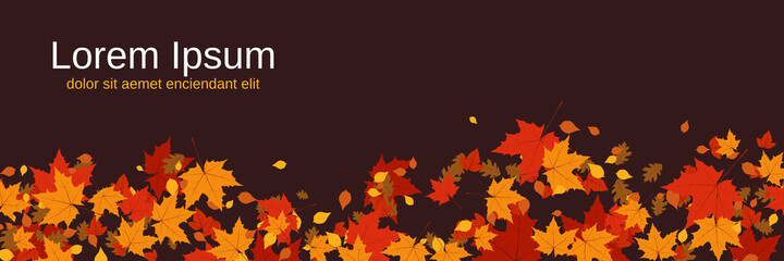 Autumn style vector banner template. Brown background with colorful tree leaves