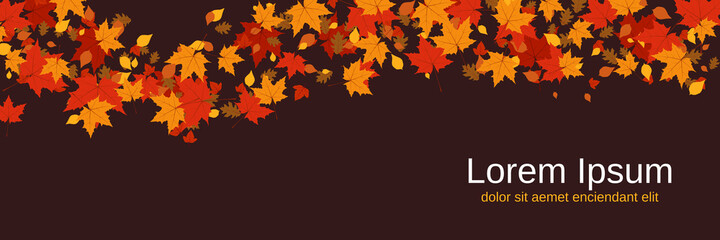 Autumn style vector banner template. Brown background with colorful tree leaves