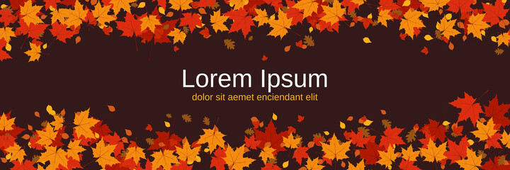 Autumn style vector banner template. Brown background with colorful tree leaves
