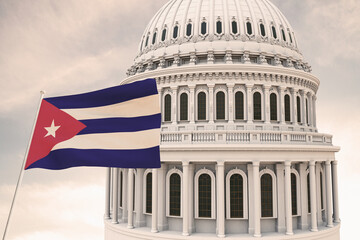 Beautiful flag of the Cuba waving with the strong wind and behind it the dome of the Capitol 3D RENDER.