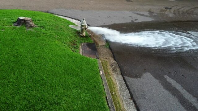 Open fire hydrant with water flowing into the street.