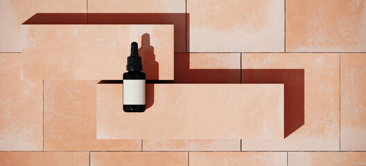 Minimal abstract background for product presentation. Top view of sunshade shadow on pink terracotta tile and platform. 3d render illustration. Clipping path of each element included.