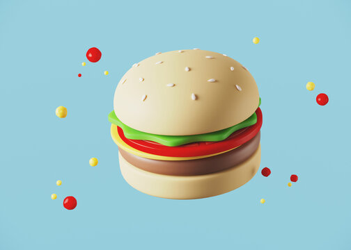 Minimal background for fast food concept. Hamburger cartoon style on blue background. 3d rendering illustration. Clipping path of each element included.