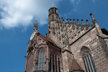 Fototapeta na wymiar Detail of the western facade of the 14th-century Frauenkirche (Church of Our Lady) in Nuremberg, Germany