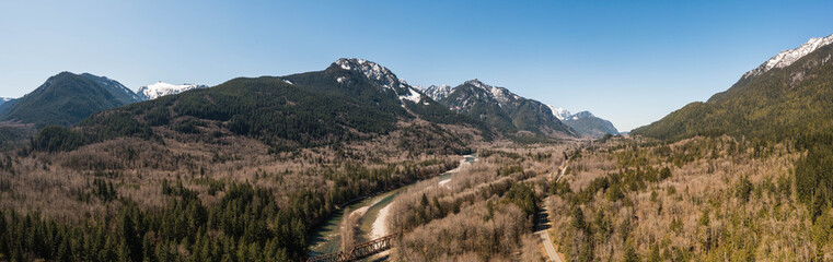Fototapeta na wymiar Aerial panorama image by drone of the Cascade mountains in Washington State