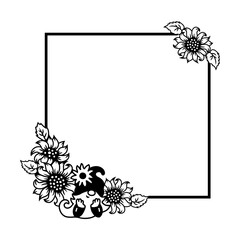 Frame with gnome, sunflowers or daisy flowers on white background. Place for text. Vector illustration.