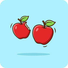 Apples have green leaves and bites, vector design and isolated background.