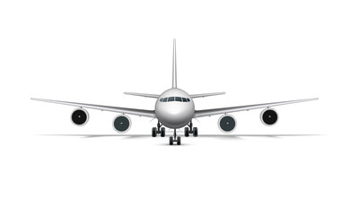 Fototapeta na wymiar Realistic standing airplane, jet aircraft or airliner front view. Detailed passenger air plane on white