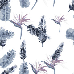 Gray Pattern Texture. Blue Tropical Illustration. Indigo Floral Design. White Flora Design. Azure Decoration Design. Navy Wallpaper Plant. Cobalt Spring Foliage.