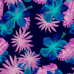 Purple Seamless Painting. Violet Pattern Design. Cobalt Tropical Illustration. Navy Flower Design. Indigo Decoration Hibiscus. Azure Watercolor Design. Banana Leaves.