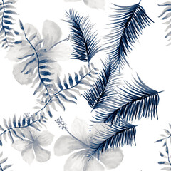 Blue Seamless Nature. Indigo Pattern Leaf. Gray Tropical Leaves. Navy Spring Exotic. Cobalt Decoration Plant. Drawing Painting. Watercolor Leaf.