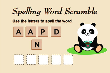 Spelling scramble game template for panda illustration