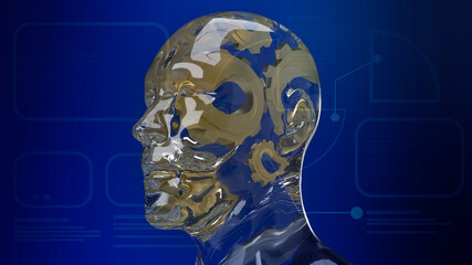 gold gear inside human crystal  head  for ai or machine learning  for technology  concept 3d rendering