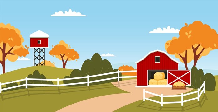 Red barn house Farm autumn landscape. Rural house countryside farming meadow. Farmland construction wooden red barn. Natural american barnyard village.