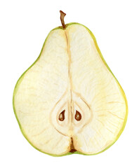 Ripe green, yellow pear cut. Juicy watercolor illustration. Fruit clipart on a white background.