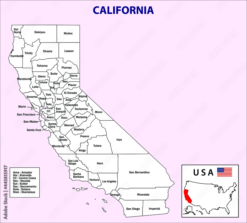 Wall mural California map. California District map in white color. District map with USA.