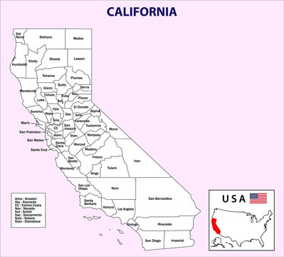 California map. California District map in white color. District map with USA.