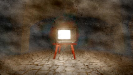 old tv at dark scary basement