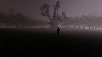 Obraz na płótnie Canvas kid and dog in dark forest