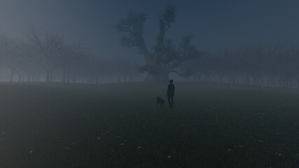 kid and dog in dark forest