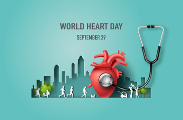 World Heart Day concept, heart with a stethoscope and many people in the city, paper illustration, and 3d paper.