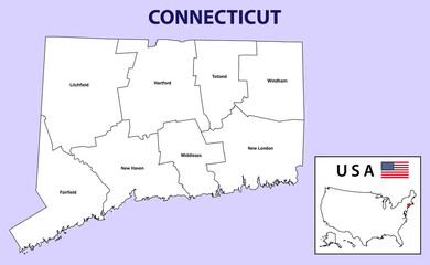 Connecticut map. District map of Connecticut in White color. District map with USA.