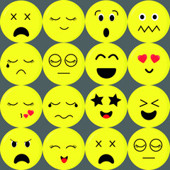 A set of vector pictures with different emotions. Cute emoticons on gray background