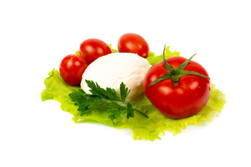mozzarella and tomatoes on white background