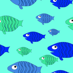 Seamless pattern with painted colorful fishes. Can be used for wallpaper, textiles, packaging, cards, covers. Small colorful fish on a blue  background.