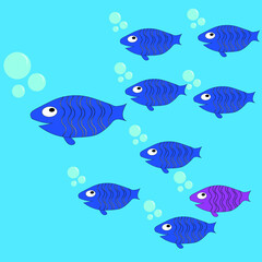 Cute sea fish happy family, with father and children, sons and one daughter swim in the sea, vector illustration.