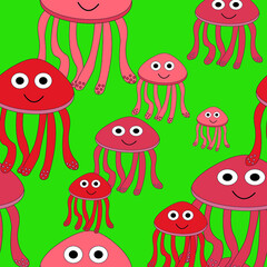 Seamless pattern with painted colorful jellyfish. Can be used for wallpaper, textiles, packaging, cards, covers. Small colorful jellyfish on a green background.
