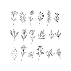 abstract flowers and leaves icon set. hand drawn doodle. vector, scandinavian, nordic, minimalism, monochrome. plant, herbarium.