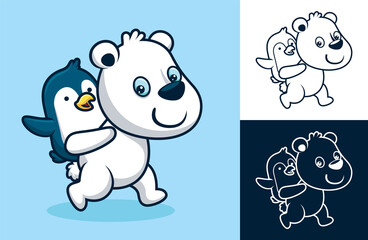 Funny polar bear bearing a penguin on its back. Vector cartoon illustration in flat icon style