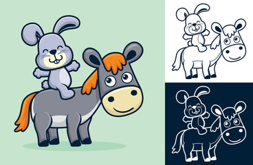Rabbit sit on donkey's back. Vector cartoon illustration in flat icon style