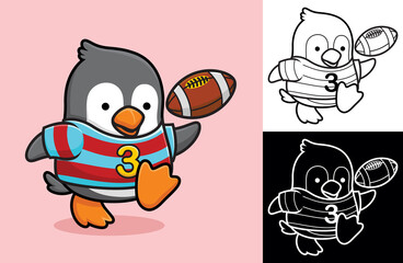 Little penguin playing rugby. Vector cartoon illustration in flat icon style