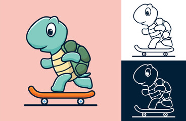 Turtle playing skateboard. Vector cartoon illustration in flat icon style