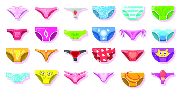 Set Abstract Collection Flat Cartoon  Different Color Panty Underpants Underwear Sexy Cloth Bikini 
For Woman Concept Vector Design Style Elements With Shadows