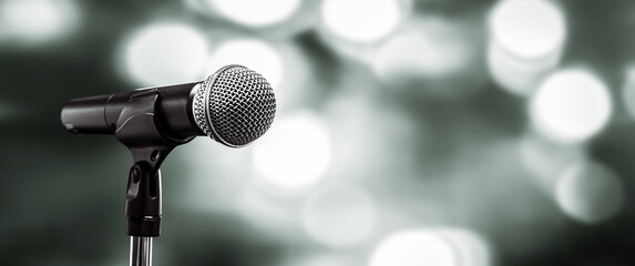 Microphone Public speaking background, Close-up the microphone on stand for speaker speech...
