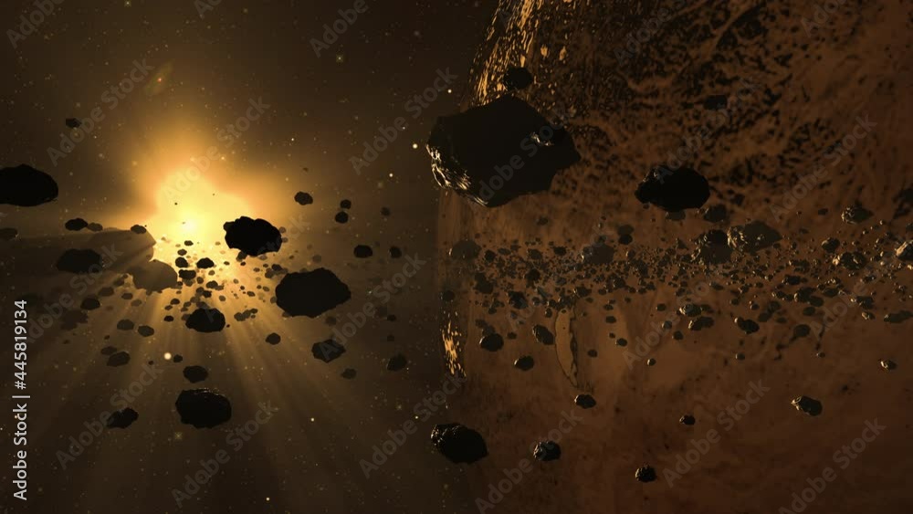 Poster asteroids in space. computer generated footage of the asteroid belt with planet and bright sunlight 