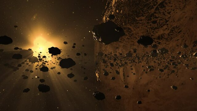 Asteroids in space. Computer generated footage of the asteroid belt with planet and bright sunlight in the background