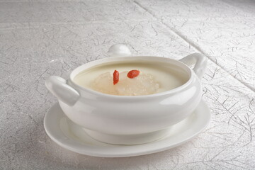 luxury Chinese chilled hashima with almond soybean pudding and herbal in white bowl asian healthy Halal dessert menu
