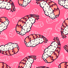 Sushi nigiri. Fresh shrimp with tail. Seafood and rice. Traditional Asian Japanese bento dish. Vintage retro style. Seamless background with pattern.