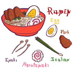 Ramen soup with noodles, pork meat, green onions, enoki mushrooms, boiled egg and narutomaki in a red bowl. Traditional japanese, korean and chinese fast food. Vintage retro style. Isolated clipart