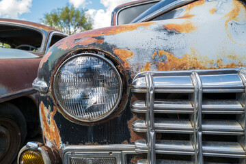 Headlamp and grille detail on antique car