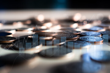 Graph chart stock market with stack coin cash double exposure image.planing earn money investment and saving money future for 2022 new year. finance and business by technology commutication concept.