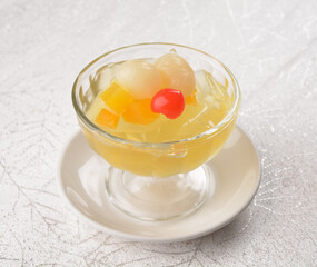 chilled sweet lychee peach pudding jelly with fresh fruit in cocktail glass asian healthy Halal dessert menu