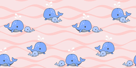 Mother whale and baby whale swim on the waves on a pink background. Endless texture with cute blue whales. Vector seamless pattern for cover, wallpaper, wrapping paper, packaging and surface texture