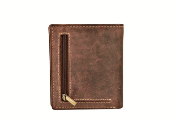 Leather Wallet With Coin Pocket Isolated On White Background With Clipping Path