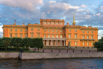 View of the ancient Mikhailovsky (Engineering) castle on a sunny June evening. Saint-Petersburg, Russia