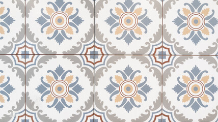 Fototapeta na wymiar Vintage art flowers stone antique floral seamless tile pattern in patchwork tiles background